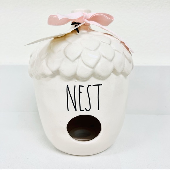 Rae Dunn NEST Acorn Glazed Ceramic Birdhouse w/ Pink Ribbon Autumn Fall Decor - Picture 1 of 6